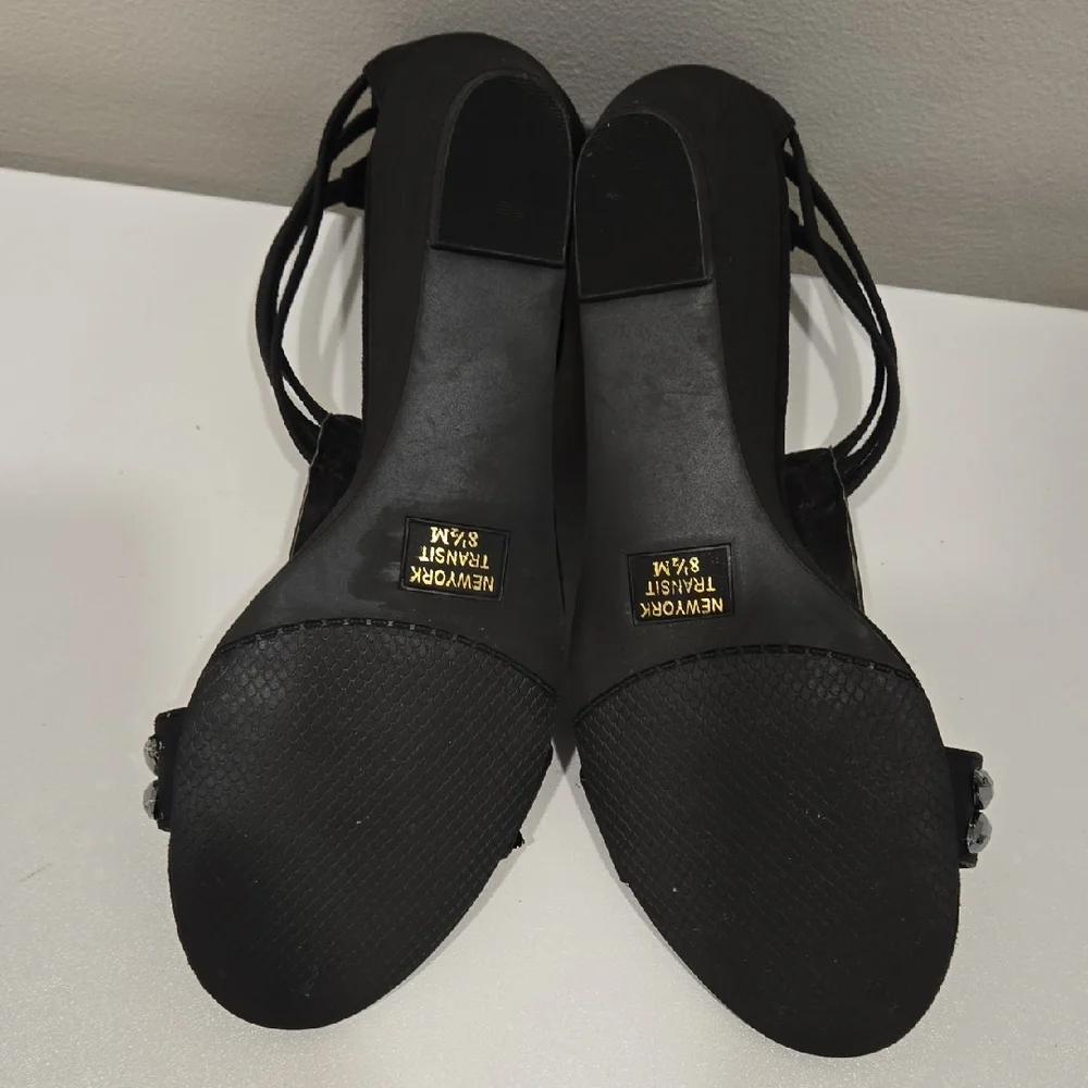 New York Transit Black Embellished T-Strap Sandals - Picture 7 of 8